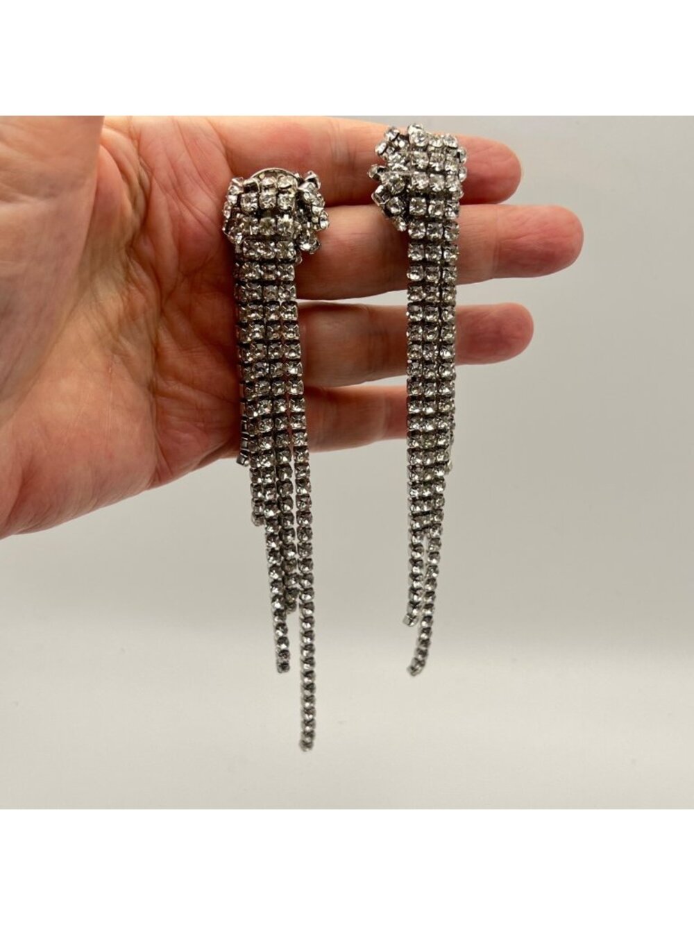 Rhinestone Waterfall Clip-On Earrings Silver Tone 6" Long Statement Pageant Prom